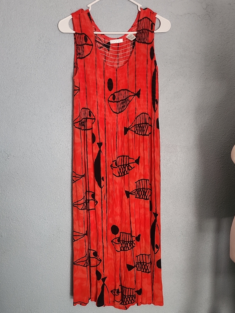 Sleeveless Orange Maxi Dress with Playful Black Fish Motif